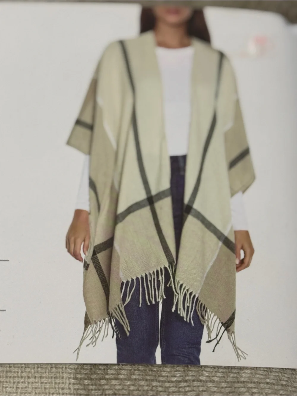 Three Dots Neutral Beige and Black Cashmere Blend Wrap. Fringe Detail. One Size.